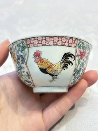 A pair of fine Chinese famille rose 'Rooster' cups and saucers, Yongzheng