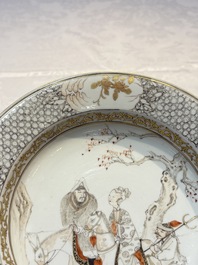 A fine Chinese grisaille, iron-red and gilt-decorated 'Riders on Horseback' plate, Yongzheng