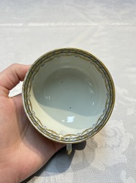 Two sets of Chinese export monogrammed polychrome cups and saucers, Qianlong/Jiaqing