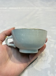 Two sets of Chinese export monogrammed polychrome cups and saucers, Qianlong/Jiaqing