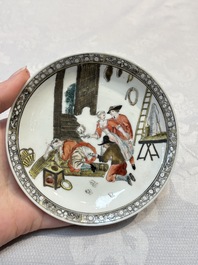 An extremely rare Chinese famille rose 'L'Apoticaire Charitable' cup and saucer, Yongzheng/Qianlong