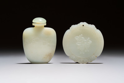 A Chinese celadon jade snuff bottle, a plaque and a ritual stick, Han and later