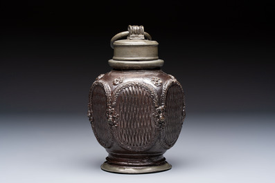 A stoneware pewter-mounted screw cap bottle, probably Muskau, Germany, 18th C.