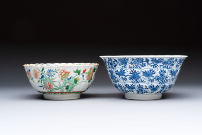 A Chinese blue and white bowl with floral design and a famille verte bowl, Kangxi