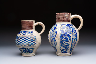Two Westerwald stoneware jugs, one inscribed 'GR', Germany, 18th C.
