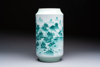 A fine Chinese green-enamelled vase with landscape design, Hui Yuan Tang Zhi 慧遠堂製 mark, dated 1943