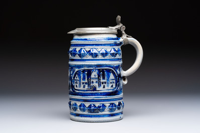 A Westerwald stoneware tankard with a mounted pewter lid, Germany, 18th C.