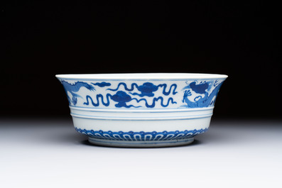 A Chinese blue and white 'Dragon' bowl, Xuande mark, 19th C.
