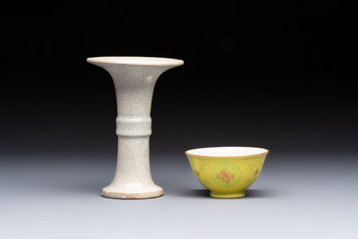 A Chinese Ge-ware archaistic 'Gu' vase, a white-glazed anhua-decorated ink stone and a yellow-ground bowl, 20th C.