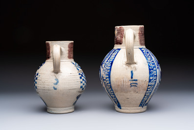 Two Westerwald stoneware jugs, one inscribed 'GR', Germany, 18th C.