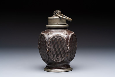 A stoneware pewter-mounted screw cap bottle, probably Muskau, Germany, 18th C.