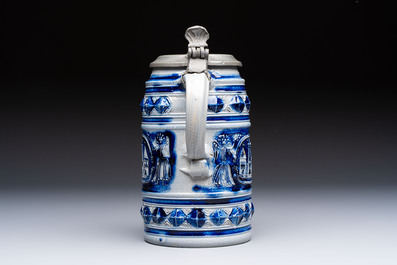 A Westerwald stoneware tankard with a mounted pewter lid, Germany, 18th C.