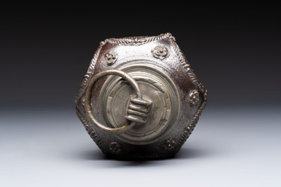 A stoneware pewter-mounted screw cap bottle, probably Muskau, Germany, 18th C.
