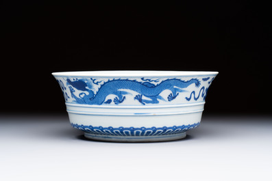 A Chinese blue and white 'Dragon' bowl, Xuande mark, 19th C.