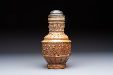 A Raeren stoneware 'Peasants Dance' jug with a mounted pewter lid, dated 1587