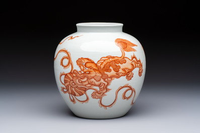 A Chinese iron-red 'Buddhist Lions' vase, 20th C.