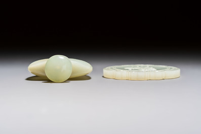A Chinese celadon jade snuff bottle, a plaque and a ritual stick, Han and later