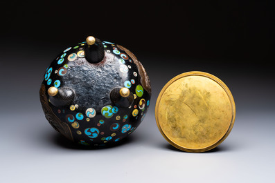 A fine Japanese cloisonn&eacute; tripod censer and cover with a mythical-animal-form finial, Meiji, 19th C.
