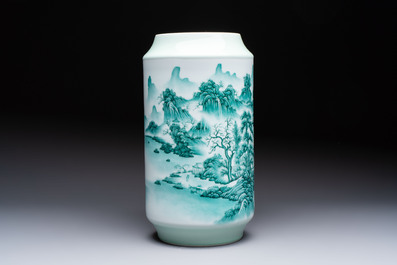 A fine Chinese green-enamelled vase with landscape design, Hui Yuan Tang Zhi 慧遠堂製 mark, dated 1943