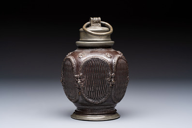A stoneware pewter-mounted screw cap bottle, probably Muskau, Germany, 18th C.