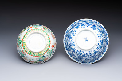 A Chinese blue and white bowl with floral design and a famille verte bowl, Kangxi