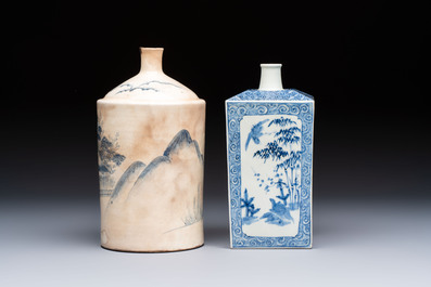 A Japanese blue and white Arita square flask and a Tangen-style bottle, 'Tokkuri', 19/20th C.