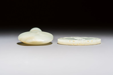 A Chinese celadon jade snuff bottle, a plaque and a ritual stick, Han and later