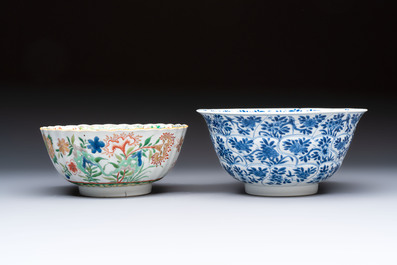 A Chinese blue and white bowl with floral design and a famille verte bowl, Kangxi