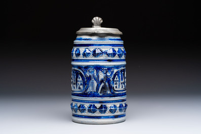 A Westerwald stoneware tankard with a mounted pewter lid, Germany, 18th C.