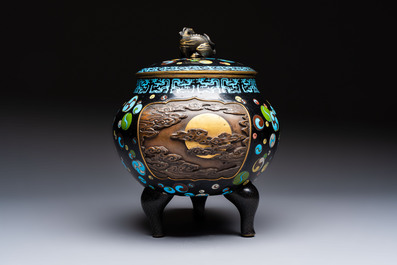 A fine Japanese cloisonn&eacute; tripod censer and cover with a mythical-animal-form finial, Meiji, 19th C.