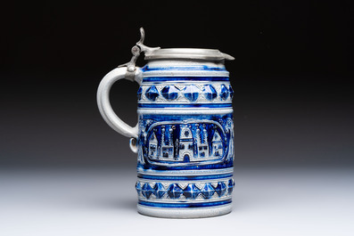 A Westerwald stoneware tankard with a mounted pewter lid, Germany, 18th C.