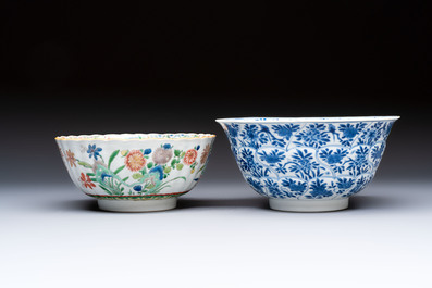 A Chinese blue and white bowl with floral design and a famille verte bowl, Kangxi