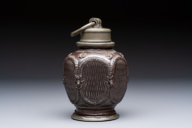 A stoneware pewter-mounted screw cap bottle, probably Muskau, Germany, 18th C.