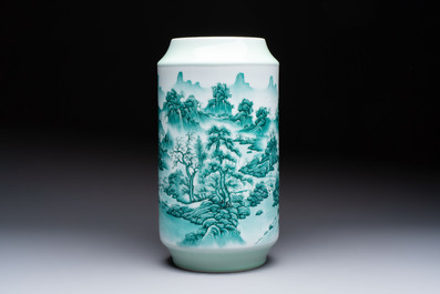 A fine Chinese green-enamelled vase with landscape design, Hui Yuan Tang Zhi 慧遠堂製 mark, dated 1943