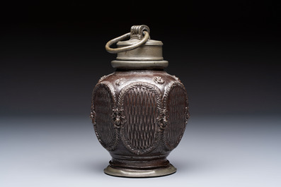 A stoneware pewter-mounted screw cap bottle, probably Muskau, Germany, 18th C.