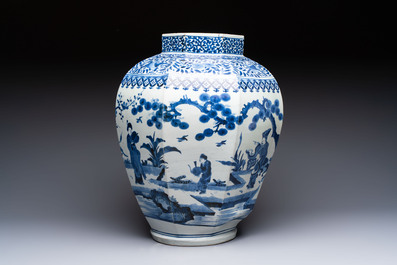 A large Japanese Arita blue and white octagonal vase with figural design, Edo, 17/18th C.