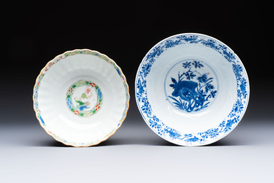 A Chinese blue and white bowl with floral design and a famille verte bowl, Kangxi