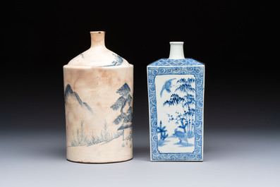 A Japanese blue and white Arita square flask and a Tangen-style bottle, 'Tokkuri', 19/20th C.