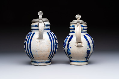 Two Westerwald tankards with mounted pewter lids, one lid dated 1757, Germany, 18th C.