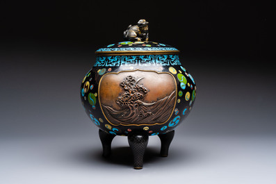 A fine Japanese cloisonn&eacute; tripod censer and cover with a mythical-animal-form finial, Meiji, 19th C.