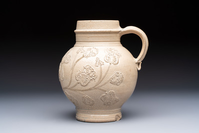 A Westerwald stoneware jug or 'Kugelbauchkrug' with floral design, Germany, 17/18th C.