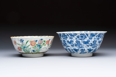 A Chinese blue and white bowl with floral design and a famille verte bowl, Kangxi