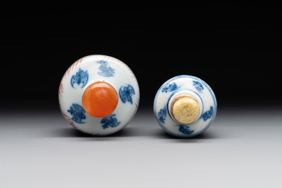 Two Chinese blue, white and copper-red 'Mythical Animals' snuff bottles, Qianlong mark and of the period
