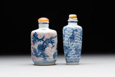 Two Chinese blue, white and copper-red 'Mythical Animals' snuff bottles, Qianlong mark and of the period