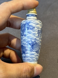 Two Chinese blue, white and copper-red 'Mythical Animals' snuff bottles, Qianlong mark and of the period
