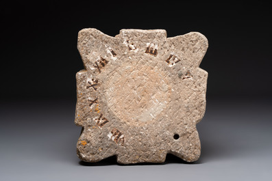 A carved figurative sandstone capital, France or Spain, probably 14th C.