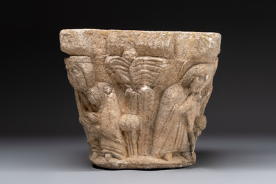 A carved figurative sandstone capital, France or Spain, probably 14th C.