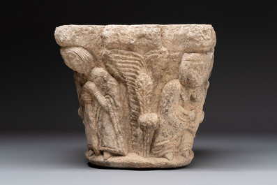 A carved figurative sandstone capital, France or Spain, probably 14th C.