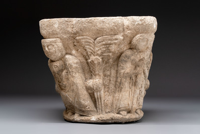 A carved figurative sandstone capital, France or Spain, probably 14th C.