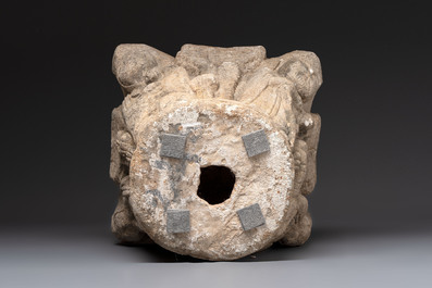 A carved figurative sandstone capital, France or Spain, probably 14th C.